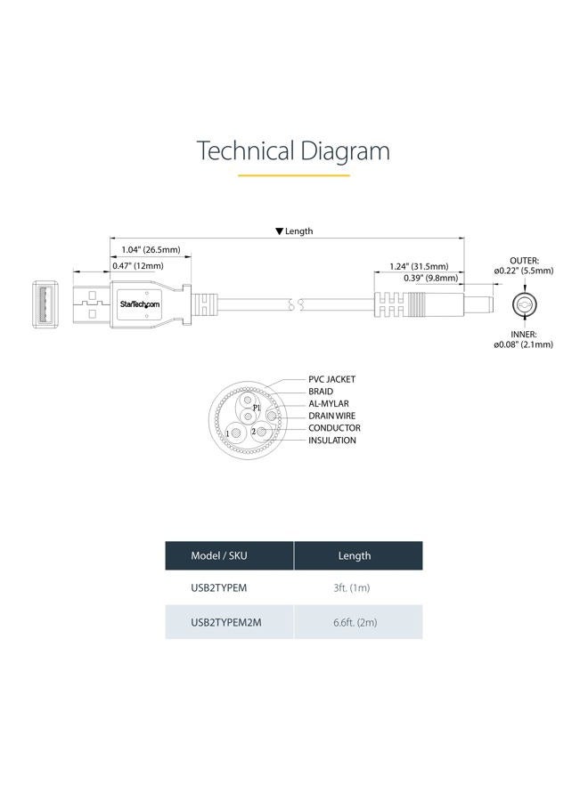 Startech.com 3ft (91cm) USB to Type M Barrel Cable, USB to 5.5mm 5V DC Power Cable, Molded USB to Barrel Jack 5V DC Plug - Image 3