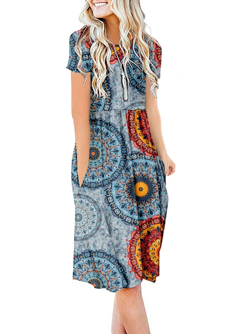 DB MOON Women Summer Casual Short Sleeve Dresses Empire Waist Dress with Pockets (Flower Mix Blue, L) - Image 1