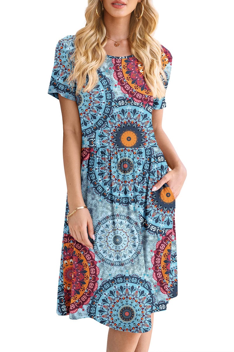 DB MOON Women Summer Casual Short Sleeve Dresses Empire Waist Dress with Pockets (Flower Mix Blue, L) - Image 2