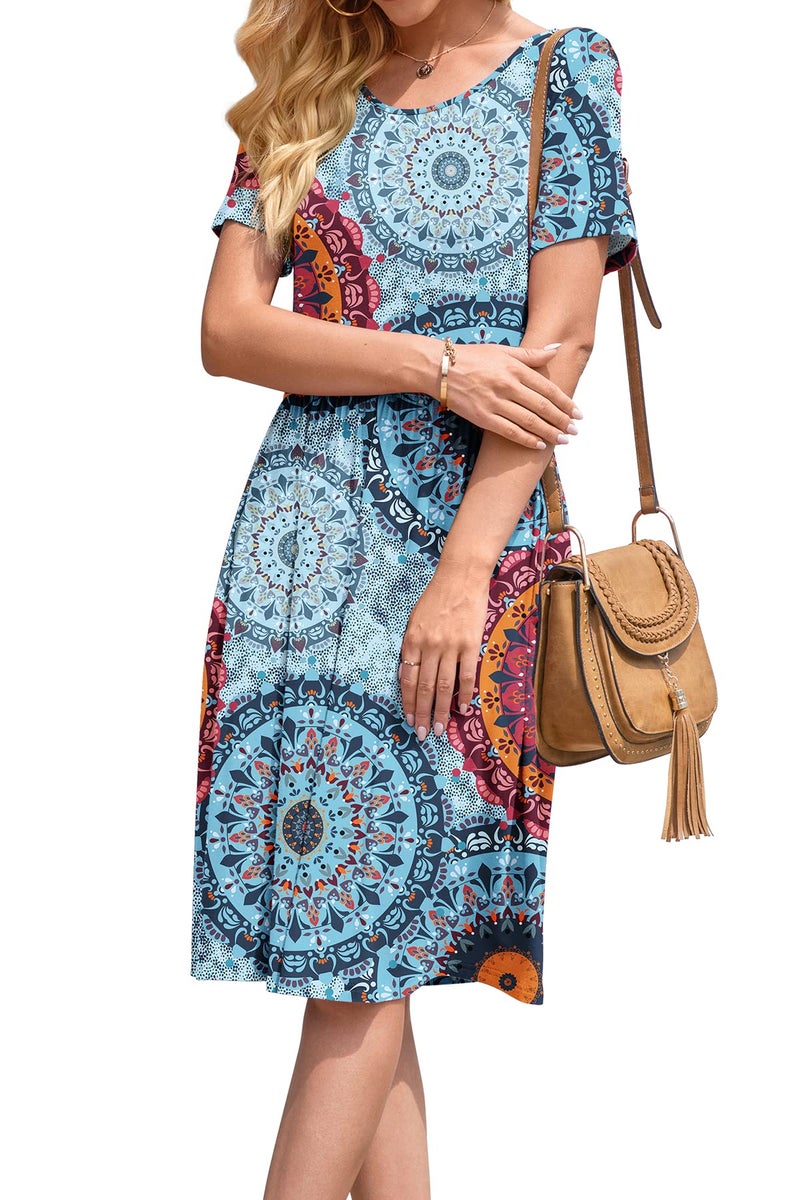 DB MOON Women Summer Casual Short Sleeve Dresses Empire Waist Dress with Pockets (Flower Mix Blue, L) - Image 4