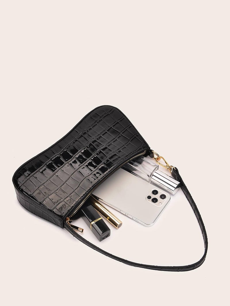 SweatyRocks Women's Small Crocodile Print Shoulder Bag Leather Clutch Purse Handbag with Zipper Closure Pure Black One-Size - Image 3