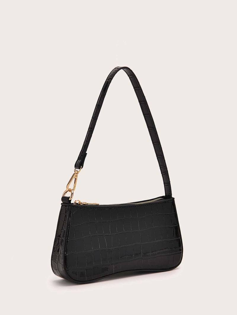 SweatyRocks Women's Small Crocodile Print Shoulder Bag Leather Clutch Purse Handbag with Zipper Closure Pure Black One-Size - Image 2