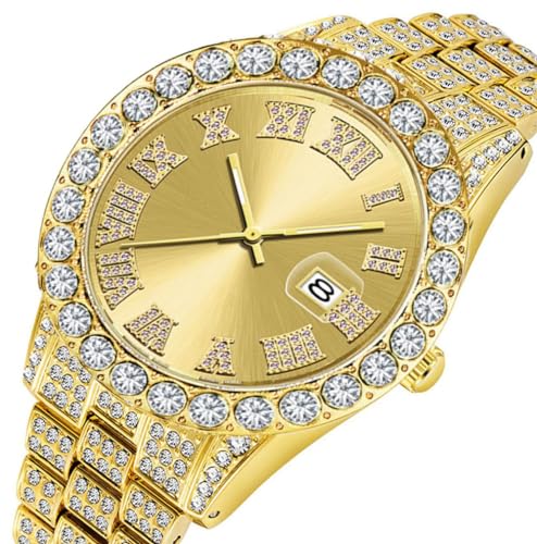 SENRUD Men's Diamond Watch Fashion Crystal Rhinestone Quartz Analog Watch Iced-Out Bracelet Wrist Watch (A Gold) - Image 3