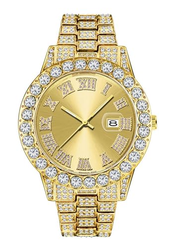 SENRUD Men's Diamond Watch Fashion Crystal Rhinestone Quartz Analog Watch Iced-Out Bracelet Wrist Watch (A Gold) - Image 1