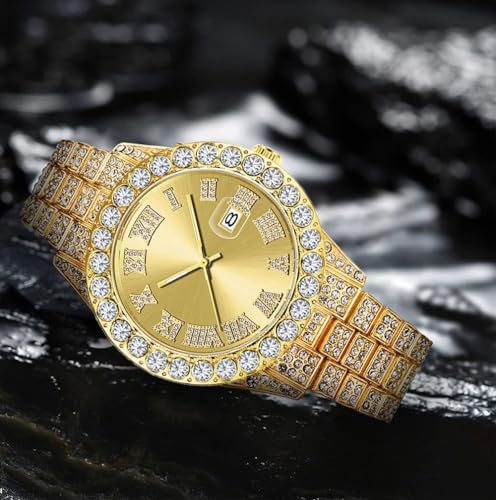SENRUD Men's Diamond Watch Fashion Crystal Rhinestone Quartz Analog Watch Iced-Out Bracelet Wrist Watch (A Gold) - Image 4