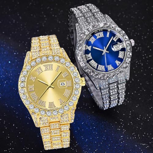 SENRUD Men's Diamond Watch Fashion Crystal Rhinestone Quartz Analog Watch Iced-Out Bracelet Wrist Watch (A Gold) - Image 5