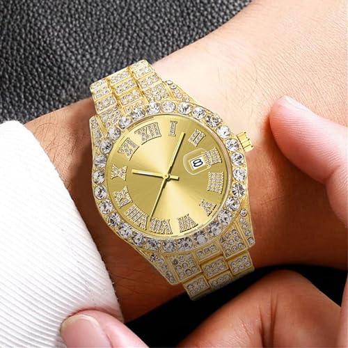 SENRUD Men's Diamond Watch Fashion Crystal Rhinestone Quartz Analog Watch Iced-Out Bracelet Wrist Watch (A Gold) - Image 2