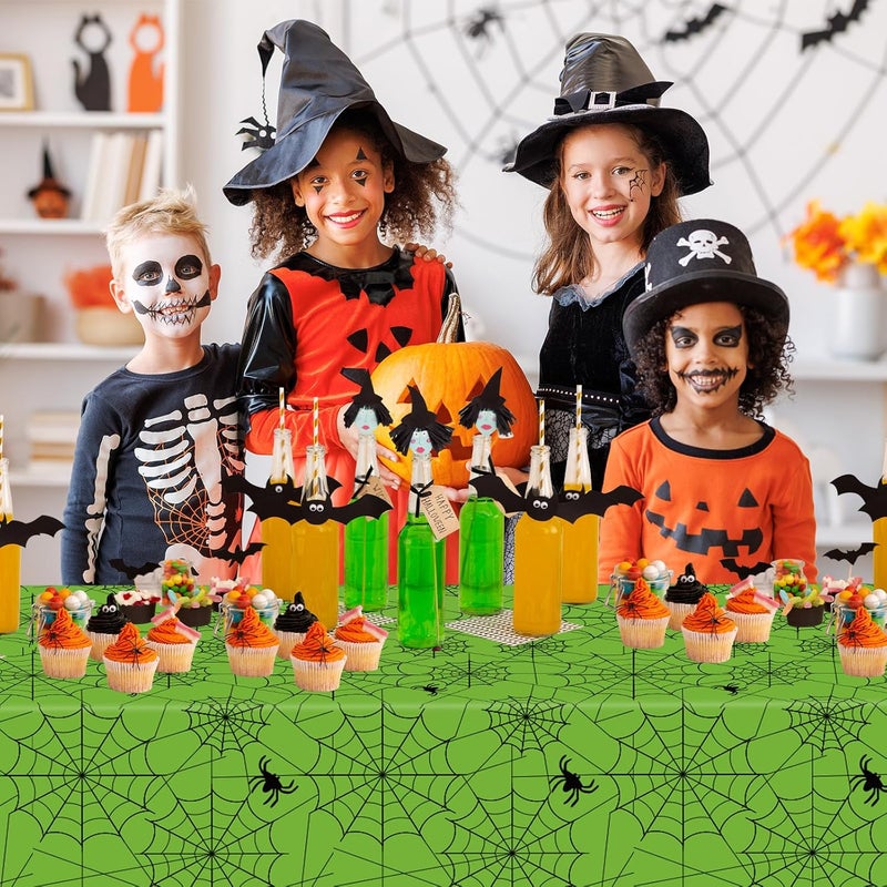 Litmitfu 2 Pcs Halloween Tablecloth - Plastic Halloweens Spider Webs Table Cloth, Green Disposable Rectangle Spiderweb Table Cover for Halloween Party Decorations Supplies Favors Tables Decor, 108 x 54 Inch - Image 2
