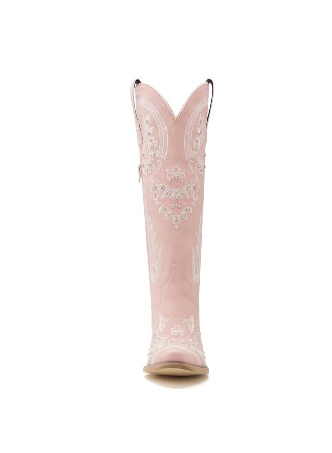 vodvob Western Cowboy Boots for Women Embroidered Rhinestones Knee High Cowgirl Boots Pointed Toe Chunky Heel Fashion Retro Classic Tall Boot, Pink, 10 - Image 4