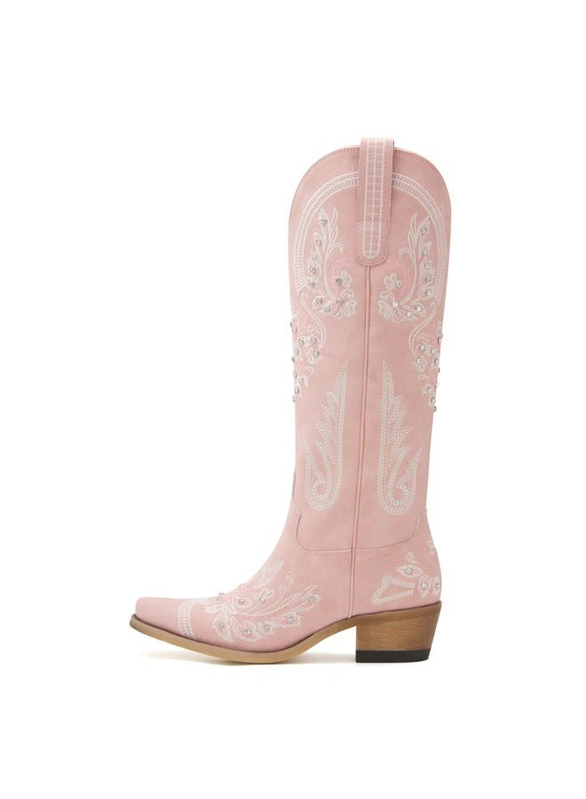 vodvob Western Cowboy Boots for Women Embroidered Rhinestones Knee High Cowgirl Boots Pointed Toe Chunky Heel Fashion Retro Classic Tall Boot, Pink, 10 - Image 2