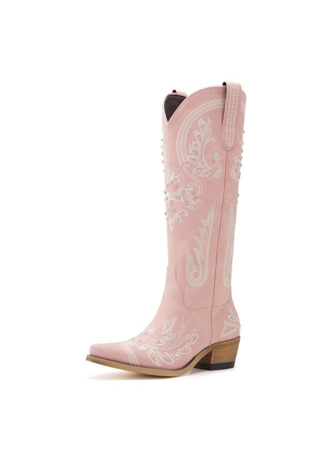 vodvob Western Cowboy Boots for Women Embroidered Rhinestones Knee High Cowgirl Boots Pointed Toe Chunky Heel Fashion Retro Classic Tall Boot, Pink, 10 - Image 1