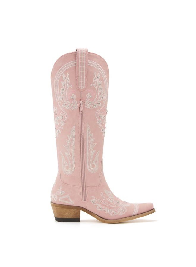 vodvob Western Cowboy Boots for Women Embroidered Rhinestones Knee High Cowgirl Boots Pointed Toe Chunky Heel Fashion Retro Classic Tall Boot, Pink, 10 - Image 3