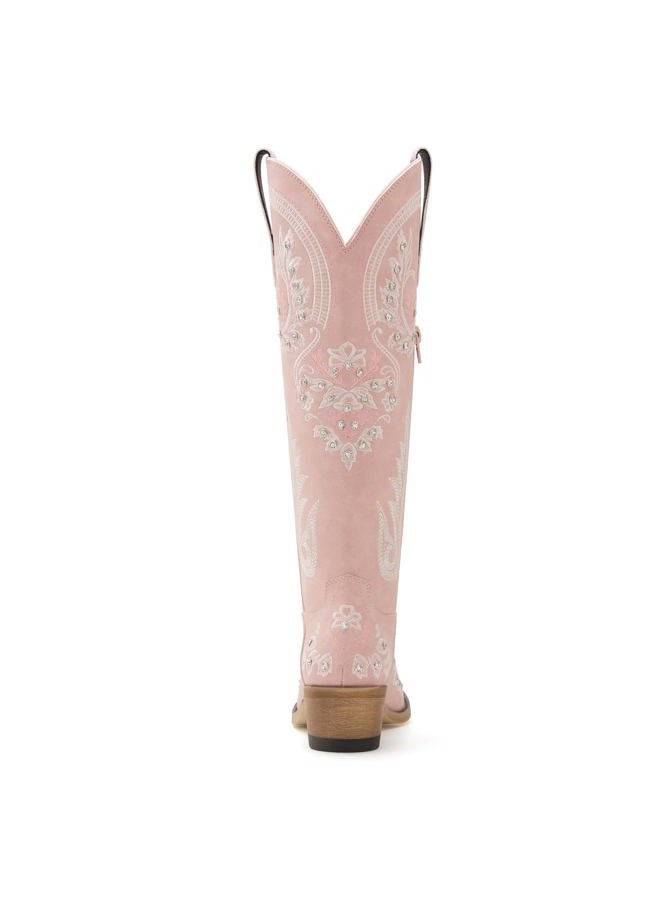 vodvob Western Cowboy Boots for Women Embroidered Rhinestones Knee High Cowgirl Boots Pointed Toe Chunky Heel Fashion Retro Classic Tall Boot, Pink, 10 - Image 5