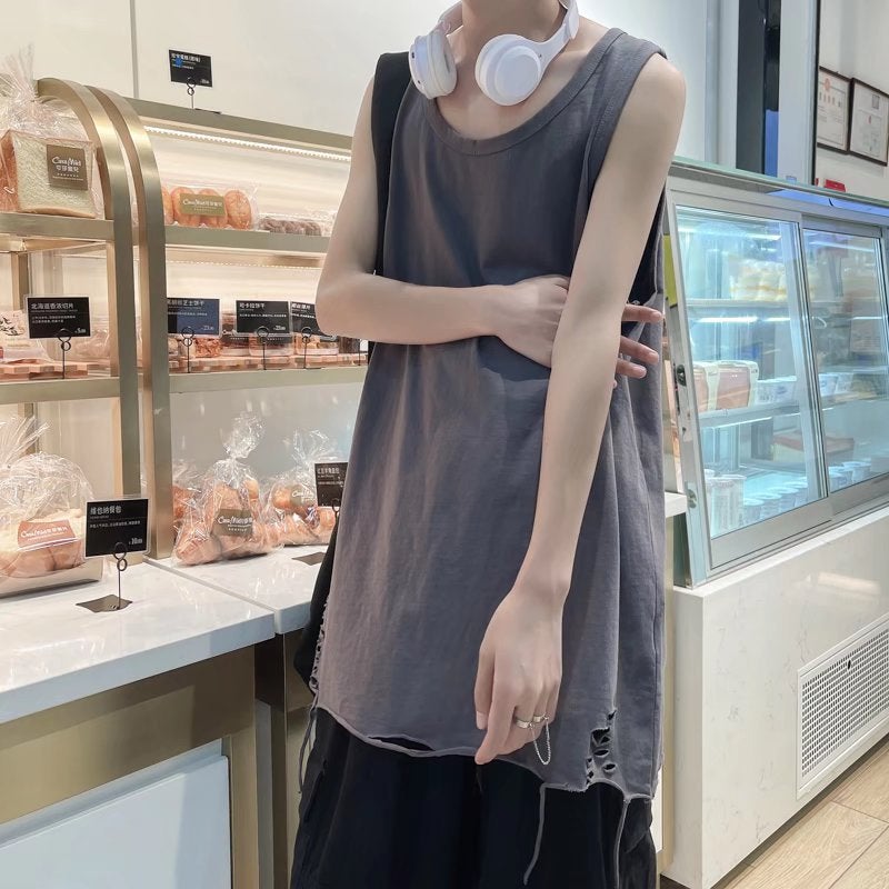 Ripped Tank Top Streetwear Loose Sleeveless Tee Grey  - Image 1