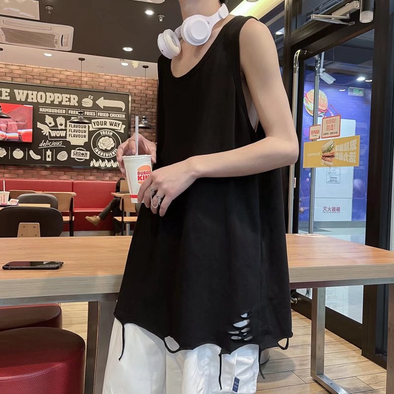 Ripped Tank Top Streetwear Loose Sleeveless Tee Grey  - Image 2