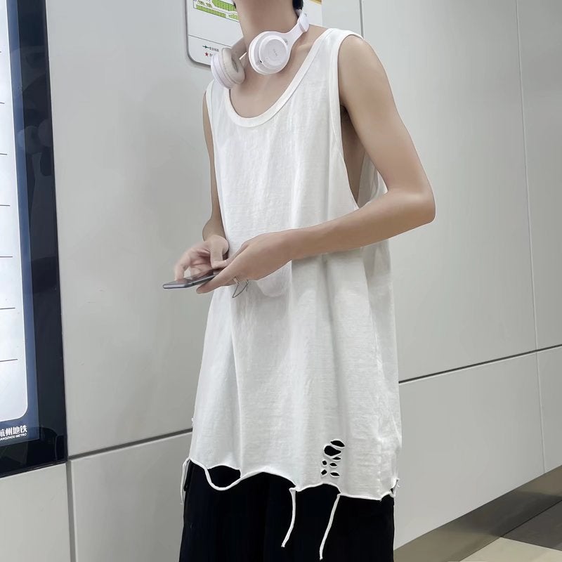 Ripped Tank Top Streetwear Loose Sleeveless Tee Grey  - Image 3