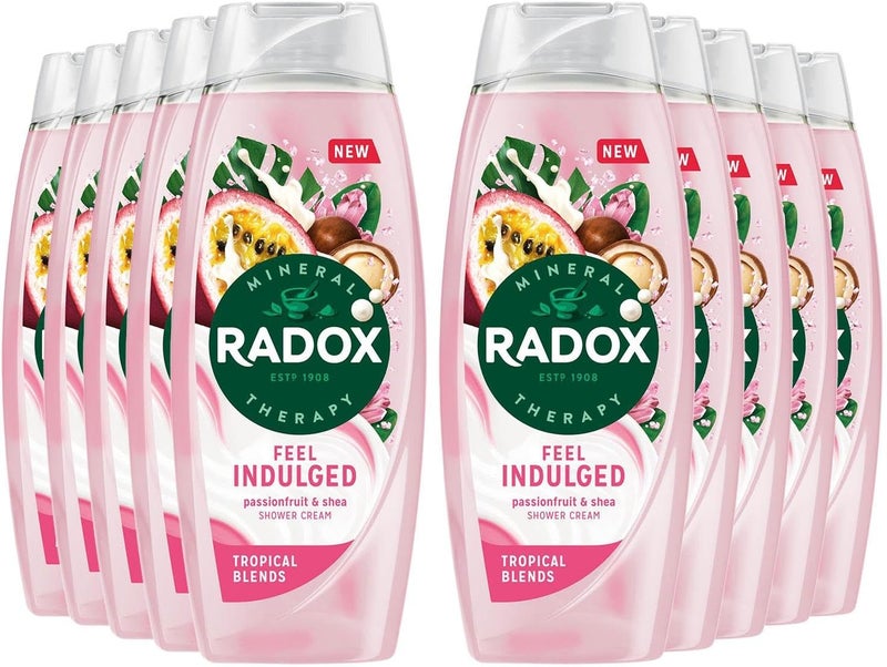 Radox Mineral Therapy Feel Indulged Shower Gel Body Wash Pack of 10 Shower Cream with 4 minerals and 13 herbs Passionfruit and Shea scent for a MoodBoosting Experience 450 ml