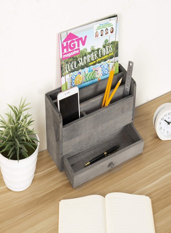 MyGift Rustic Gray Solid Wood Office Desk Supplies and Stationery Organizer, 5 Slot Wooden Desktop Mail Sorter, Document and Magazine Holder with Pull Out Drawer - Image 5