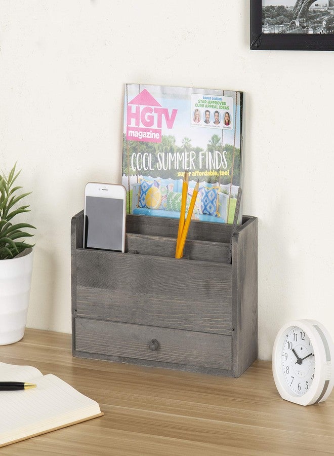 MyGift Rustic Gray Solid Wood Office Desk Supplies and Stationery Organizer, 5 Slot Wooden Desktop Mail Sorter, Document and Magazine Holder with Pull Out Drawer - Image 4