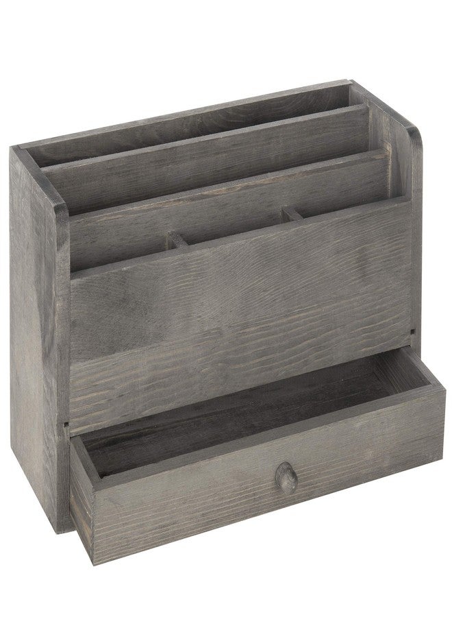 MyGift Rustic Gray Solid Wood Office Desk Supplies and Stationery Organizer, 5 Slot Wooden Desktop Mail Sorter, Document and Magazine Holder with Pull Out Drawer - Image 1