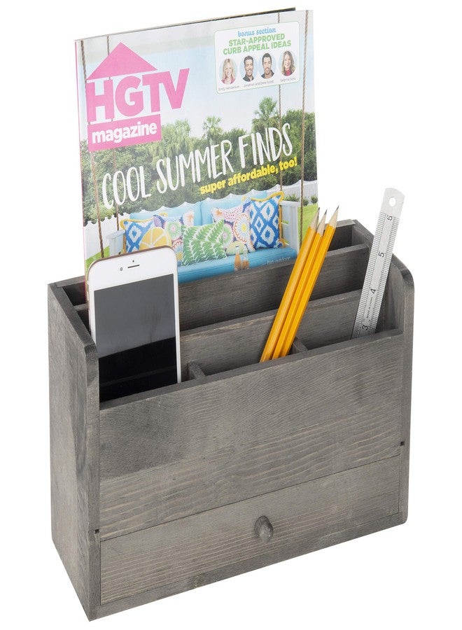 MyGift Rustic Gray Solid Wood Office Desk Supplies and Stationery Organizer, 5 Slot Wooden Desktop Mail Sorter, Document and Magazine Holder with Pull Out Drawer - Image 3