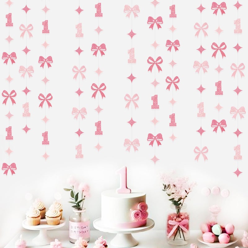 pinkblume Pink Bow One Birthday Decorations Pink Glitter Paper Star Bow 1st Hanging Garland Streamer Banner for Happy First Birthday Baby Girl Bday Decor or 1st Anniversary Party Decorations Supplies - Image 3
