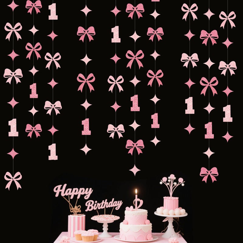 pinkblume Pink Bow One Birthday Decorations Pink Glitter Paper Star Bow 1st Hanging Garland Streamer Banner for Happy First Birthday Baby Girl Bday Decor or 1st Anniversary Party Decorations Supplies - Image 1
