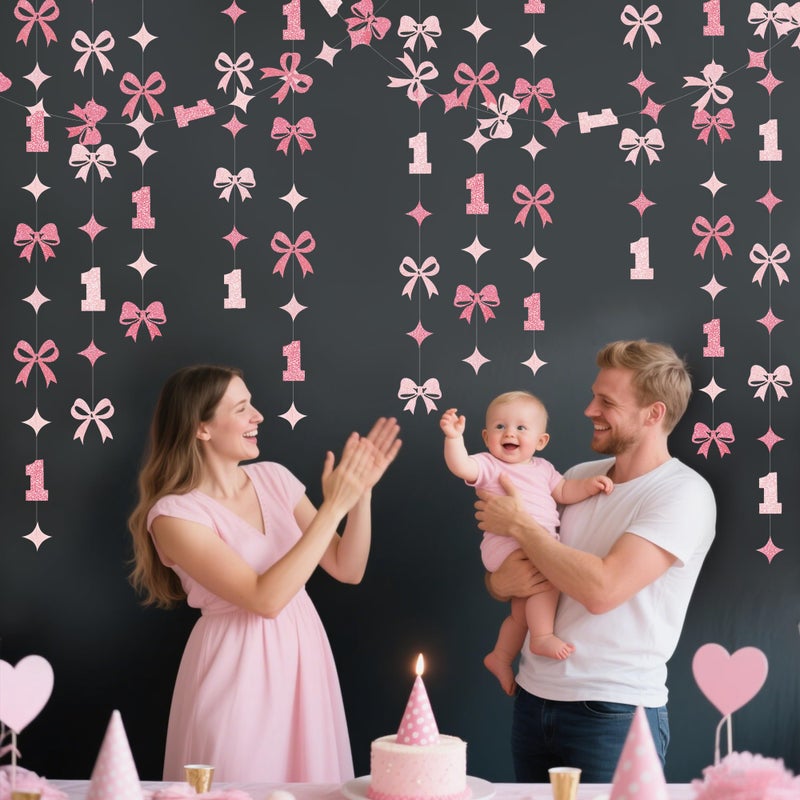 pinkblume Pink Bow One Birthday Decorations Pink Glitter Paper Star Bow 1st Hanging Garland Streamer Banner for Happy First Birthday Baby Girl Bday Decor or 1st Anniversary Party Decorations Supplies - Image 5