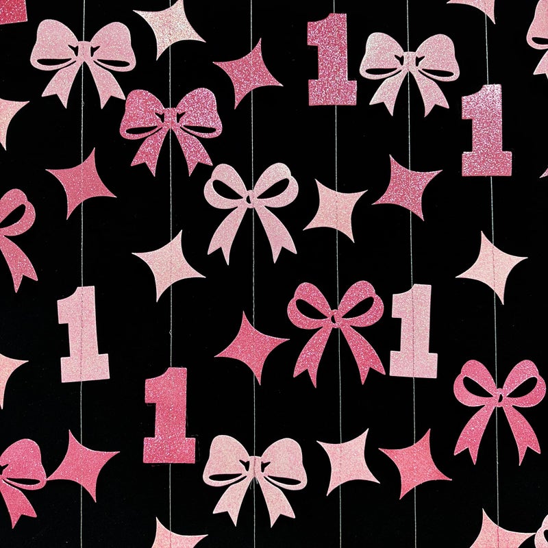 pinkblume Pink Bow One Birthday Decorations Pink Glitter Paper Star Bow 1st Hanging Garland Streamer Banner for Happy First Birthday Baby Girl Bday Decor or 1st Anniversary Party Decorations Supplies - Image 4