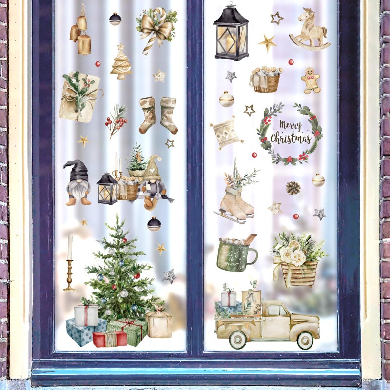 Whaline Christmas Window Clings Brown Vintage Xmas Tree Truck Window Stickers Double-Side Glass Decals for Home Party Supplies  7.9 x 11.8 Inch  9 Sheets - Image 3