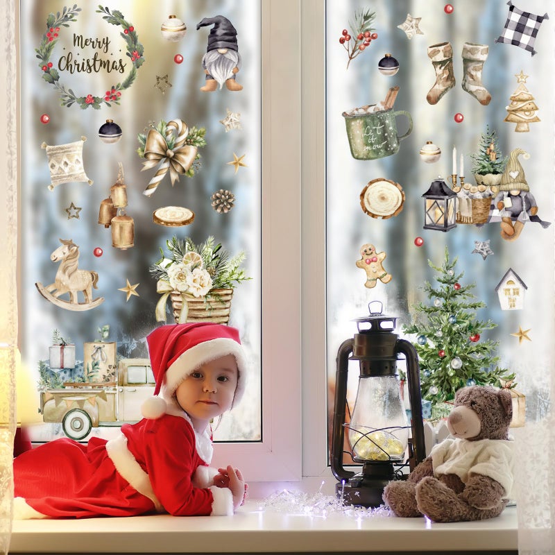 Whaline Christmas Window Clings Brown Vintage Xmas Tree Truck Window Stickers Double-Side Glass Decals for Home Party Supplies  7.9 x 11.8 Inch  9 Sheets - Image 2