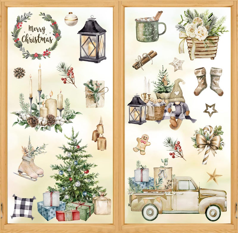 Whaline Christmas Window Clings Brown Vintage Xmas Tree Truck Window Stickers Double-Side Glass Decals for Home Party Supplies  7.9 x 11.8 Inch  9 Sheets - Image 1