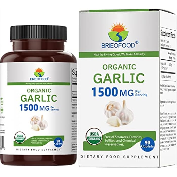 Brieofood Organic Garlic 1500mg, 45 Servings, Vegetarian, Gluten Free, 90 Vegetarian Tablets - Image 1