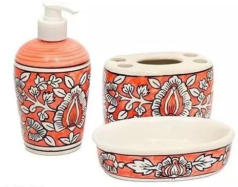 Skywalk Hand Painted Ceramic Bathroom Set of 3 Pieces - Liquid Soap Dispenser, Soap Dish and Brush Holder for Bathroom Décor and Home Gift sSett