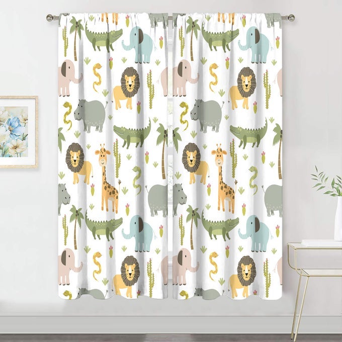 NURSERY SAFARI ANIMALS CURTAINS 29 W X 63H INCH ROD POCKET BABY BOY KIDS WOODLAND JUNGLE LION ELEPHANT PRINTED CURTAINS FOR LIVING ROOM BEDROOM WINDOW DRAPES FABRIC