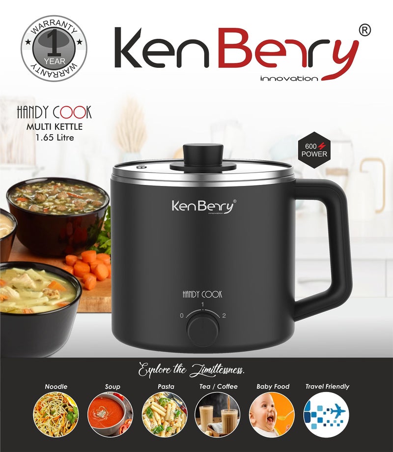 KenBerry Handy Cook Multipurpose Stainless Steel Electric Kettle | Multi Kettle | Multi Cooker | Travel Kettle | Make Infant Food, Instant Food, Tea, (1.65 L, Steel/Black) - Image 2