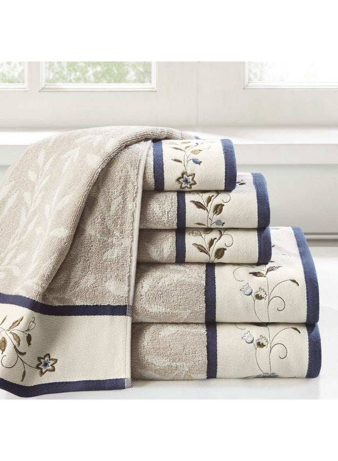 madison park Madison Park Serene 100% Cotton Bath Towel Set Luxurious Floral Decorative Towels for Bathroom Embroidered Cotton Jacquard Design Soft Highly Absorbent for Shower 600 GSM, Multi-Sizes, Navy 6 Piece  - Image 2