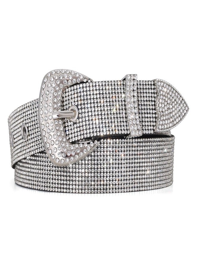 WHIPPY Rhinestones Leather Belts for Women Disco Bling Studded Belt for Jeans Pants Western Cowgirl Shiny Waist Belt, Silver, M - Image 1