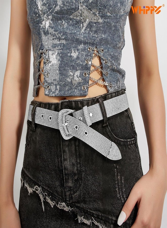WHIPPY Rhinestones Leather Belts for Women Disco Bling Studded Belt for Jeans Pants Western Cowgirl Shiny Waist Belt, Silver, M - Image 4