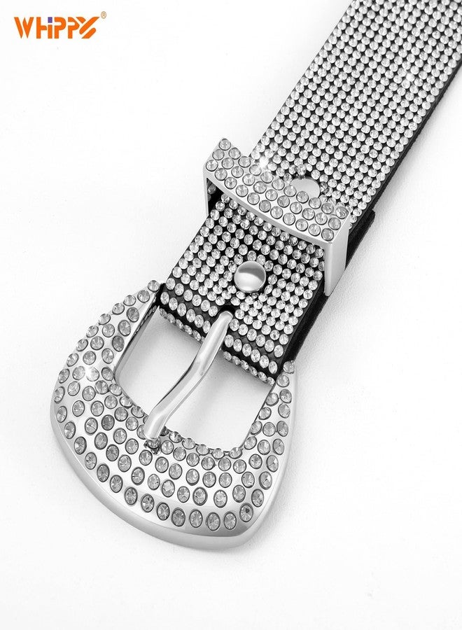 WHIPPY Rhinestones Leather Belts for Women Disco Bling Studded Belt for Jeans Pants Western Cowgirl Shiny Waist Belt, Silver, M - Image 2