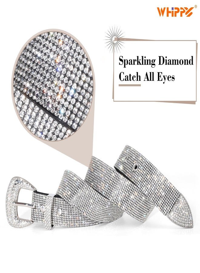 WHIPPY Rhinestones Leather Belts for Women Disco Bling Studded Belt for Jeans Pants Western Cowgirl Shiny Waist Belt, Silver, M - Image 5