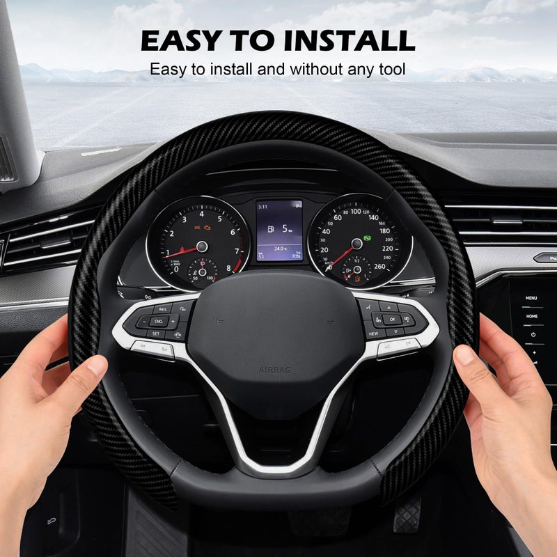 Frani Leather Steering Wheel Cover,Universal Fit 15 Inch-Premium Non-Slip Breathable Comfort Grip for Cars Trucks SUVs,Anti-Slip Durable Interior Upgrade Carbon Fiber Pattern - Image 4