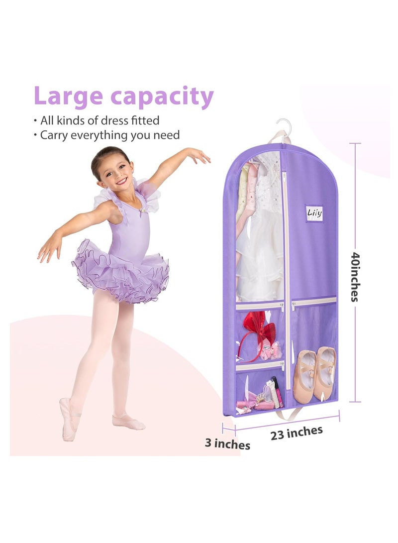 SYOSI Kids Garment Bags, Dance Garment Bags, 3 Packs 40" Hanging Dance Costume Garment Bag, with 3 Zippered Pockets, Storage for Girls Competition for Dancers, Storing Shoes, Bows, Hair Ties, Travel, Purple - Image 2