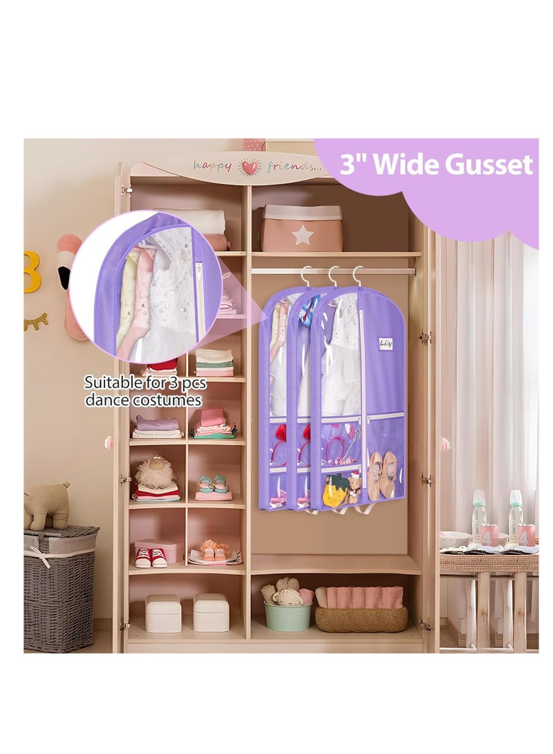 SYOSI Kids Garment Bags, Dance Garment Bags, 3 Packs 40" Hanging Dance Costume Garment Bag, with 3 Zippered Pockets, Storage for Girls Competition for Dancers, Storing Shoes, Bows, Hair Ties, Travel, Purple - Image 4