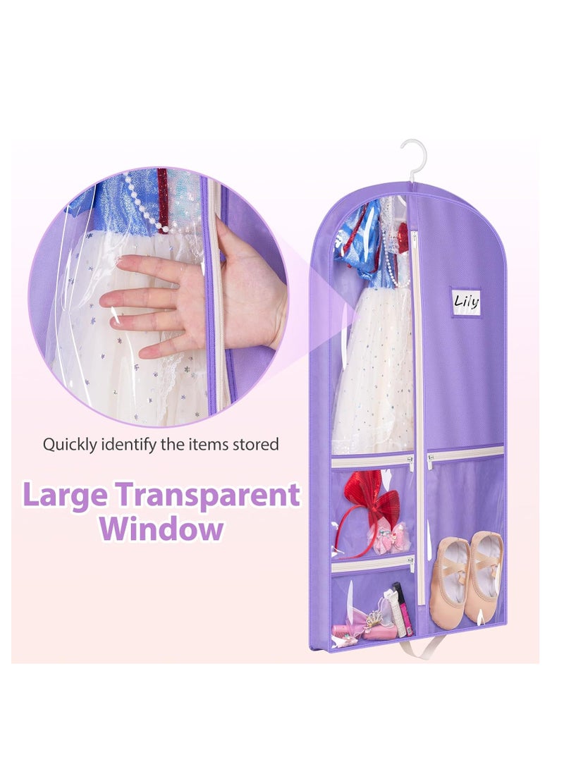 SYOSI Kids Garment Bags, Dance Garment Bags, 3 Packs 40" Hanging Dance Costume Garment Bag, with 3 Zippered Pockets, Storage for Girls Competition for Dancers, Storing Shoes, Bows, Hair Ties, Travel, Purple - Image 5