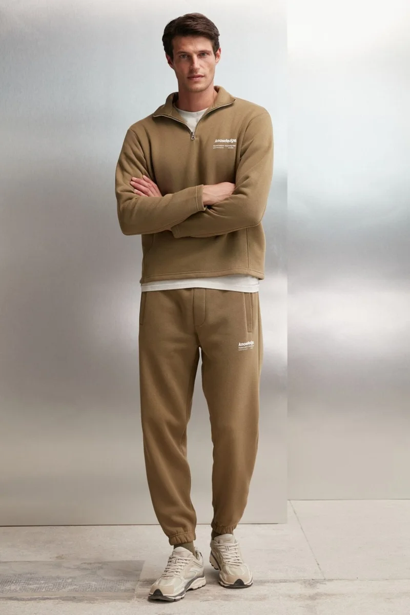 جريميلانج Halden Men's Polar Fleece Stand Collar Half Zipper Printed Detail Regular Khaki Sweatshirt