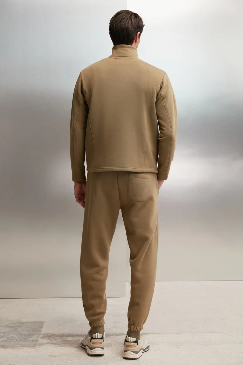 جريميلانج Halden Men's Polar Fleece Stand Collar Half Zipper Printed Detail Regular Khaki Sweatshirt