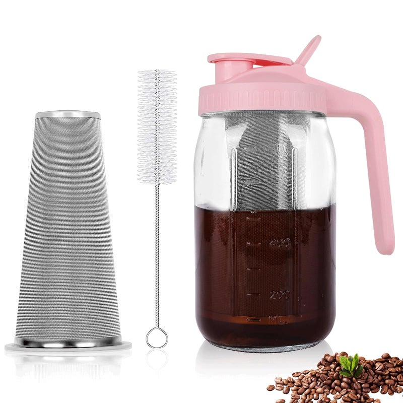 Cold Brew Coffee Maker32 oz Mason Jar Pitcher with Stainless Steel Filter Pour Spout Handle Lid Heavy Duty Glass Airtight  LeakProof Pitcher for iced coffee Tea Breastmilk LemonadePink