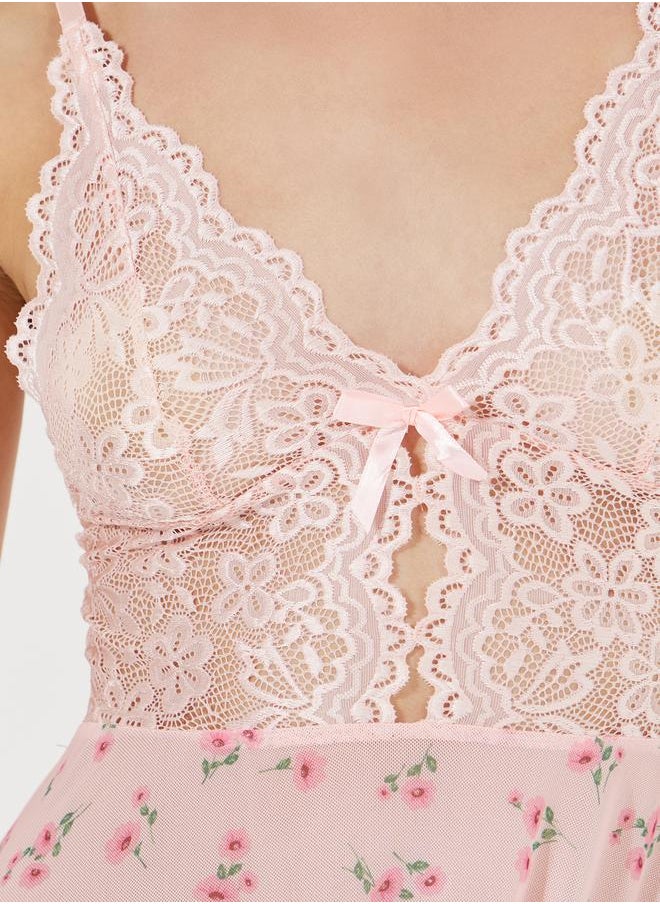 Scalloped Edge Lace Cup and Ditsy All Over Print Mesh Babydoll