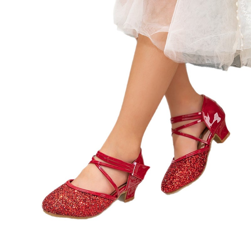 New Women''s Shoes Dance Performance High Heels Little Girl Cross Strap Hollow Sequin Princess Shoes Children''s Cute Shoes - Image 2
